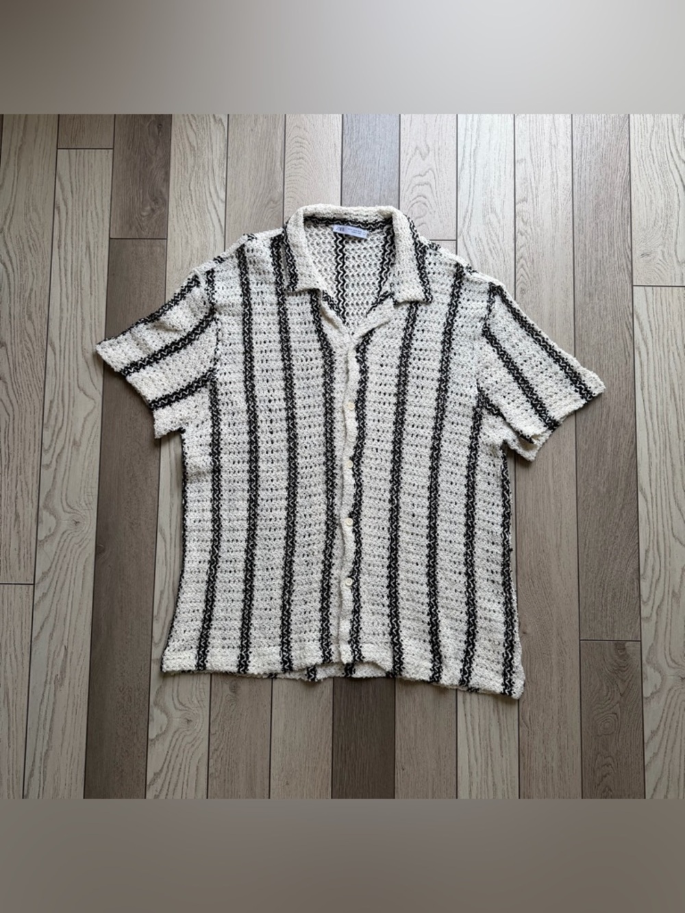 Zara Black & White Crochet Striped Button-Down Shirt size XL